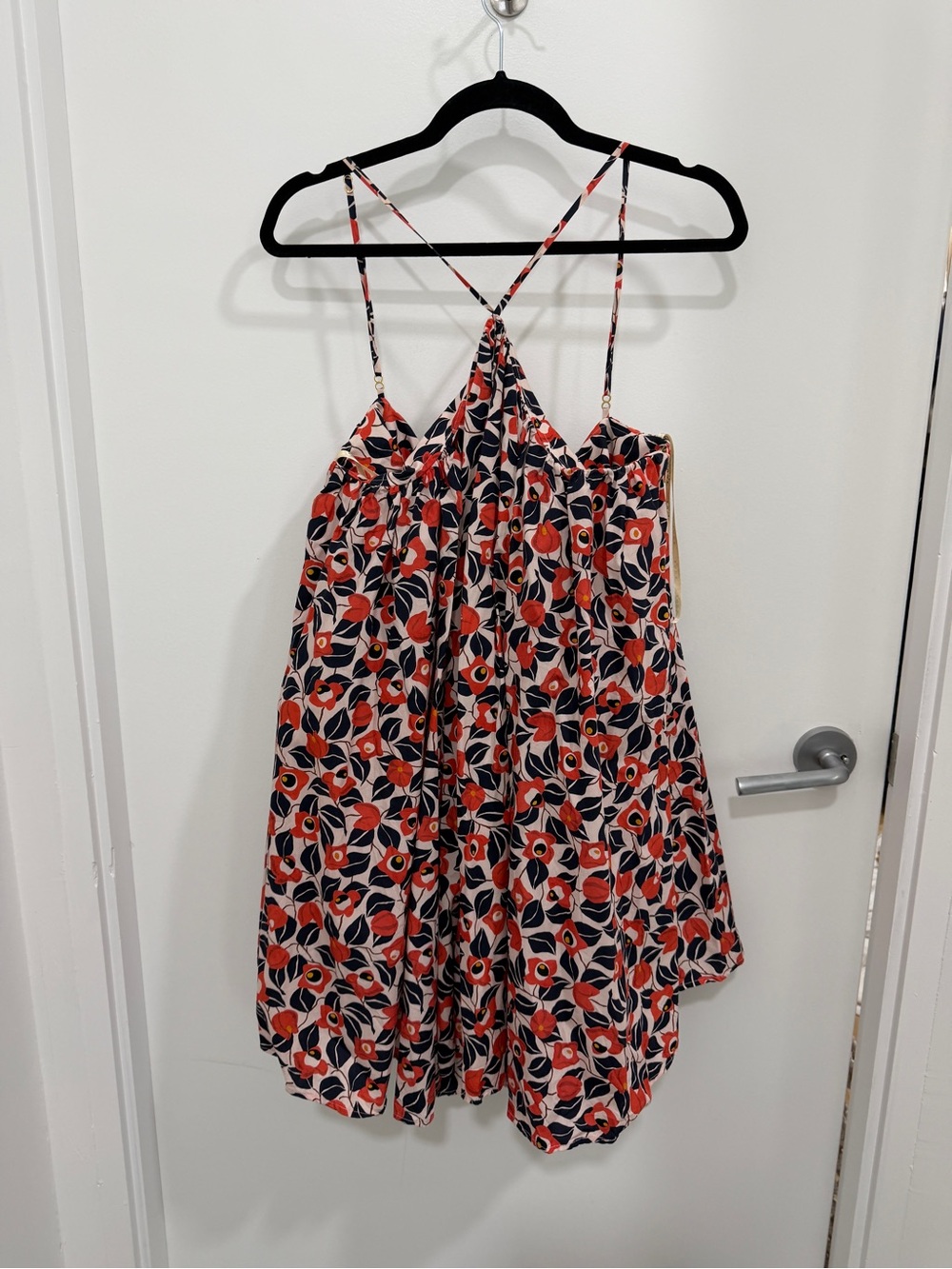 Agua Bendita Red and Navy Floral Spaghetti-Strap Mini Dress